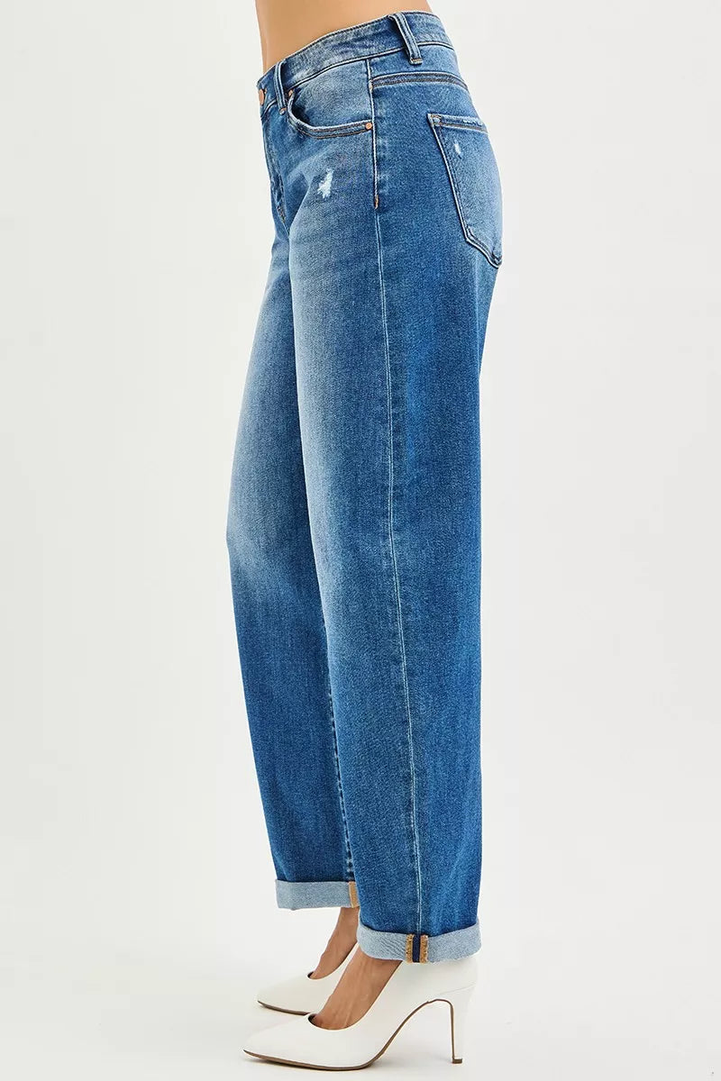 Full Size Mid Rise Barrel Double Roll Up Jeans Plus Size
