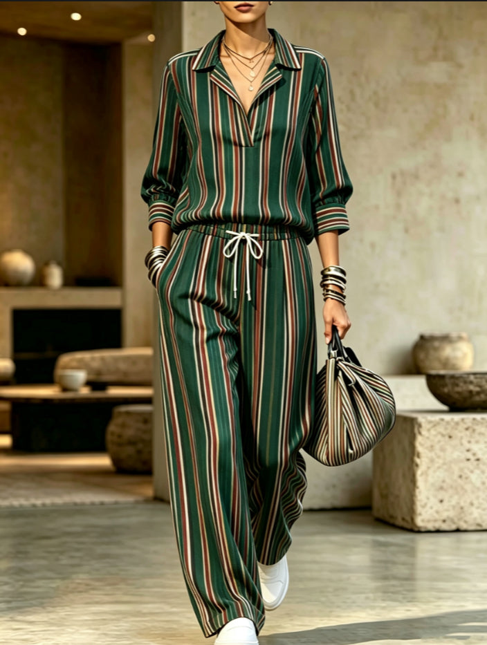 Lapel Collar Wide-Leg Trouser Set | Printed Two-Piece Co-Ord