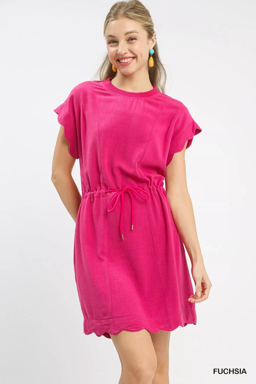 Linen Blend Scallop Hem Mini Dress