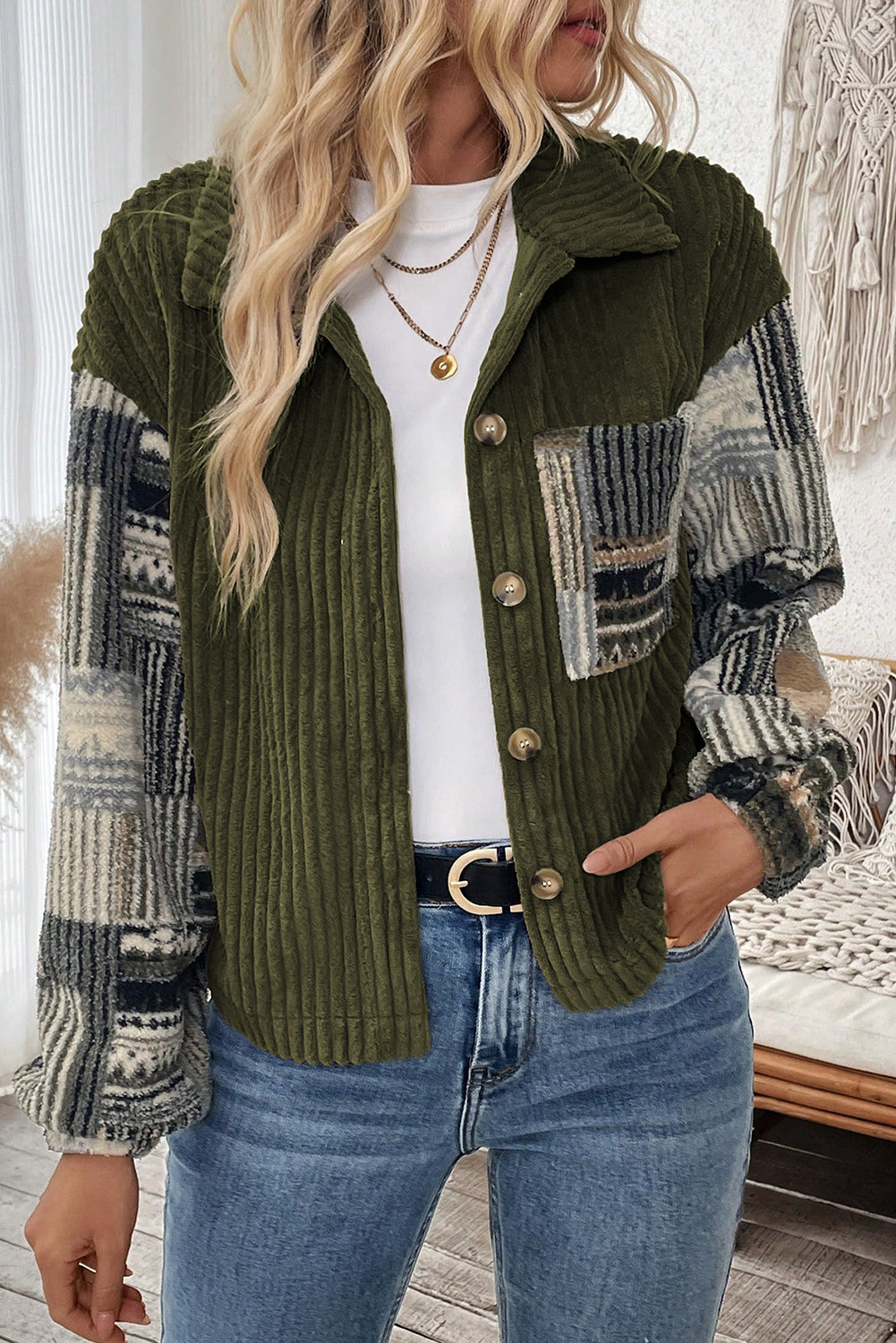 Jungle Green Ribbed Fleece Plaid Print Patchwork Button Up Jacket