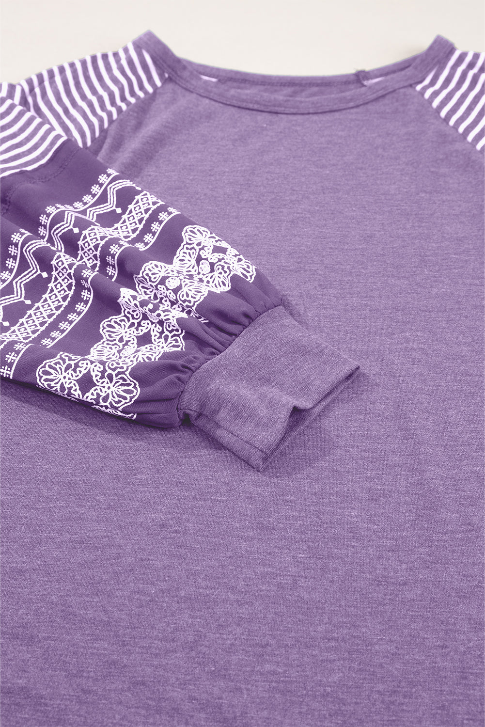 Tillandsia Purple Contrast Print Striped Raglan Long Sleeve Loose Top