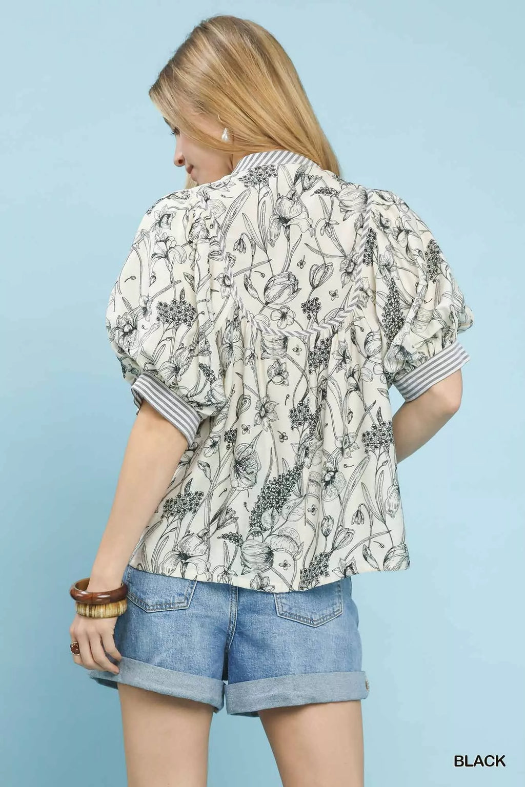 Mixed Print Puff Sleeve Split Neck Top