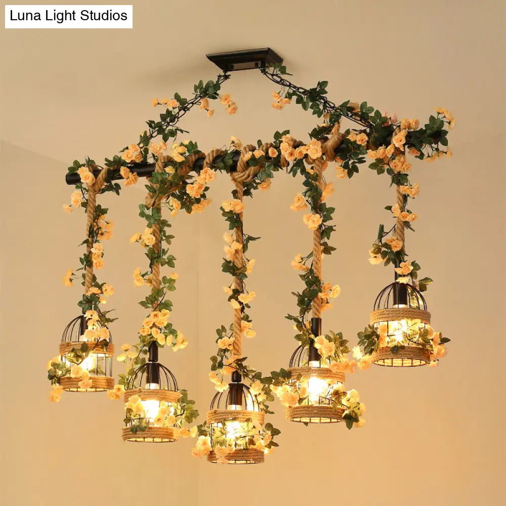 DecorBites™ Birdcage Industrial Hemp Rope Suspension Lamp - 3/5-Light Black Ceiling Lighting for Restaurant Island