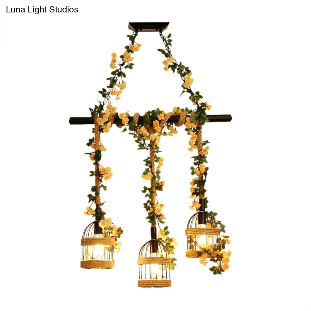 DecorBites™ Birdcage Industrial Hemp Rope Suspension Lamp - 3/5-Light Black Ceiling Lighting for Restaurant Island