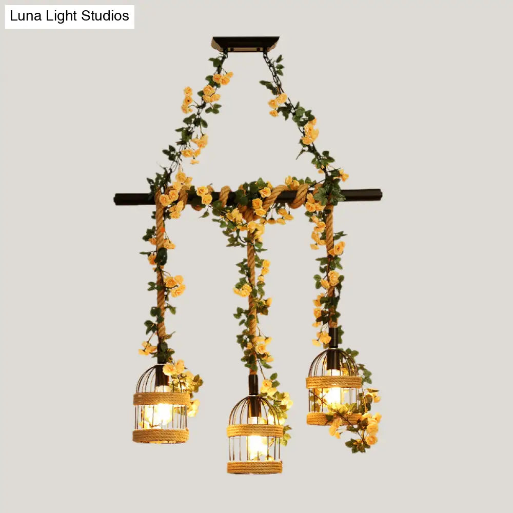 DecorBites™ Birdcage Industrial Hemp Rope Suspension Lamp - 3/5-Light Black Ceiling Lighting for Restaurant Island