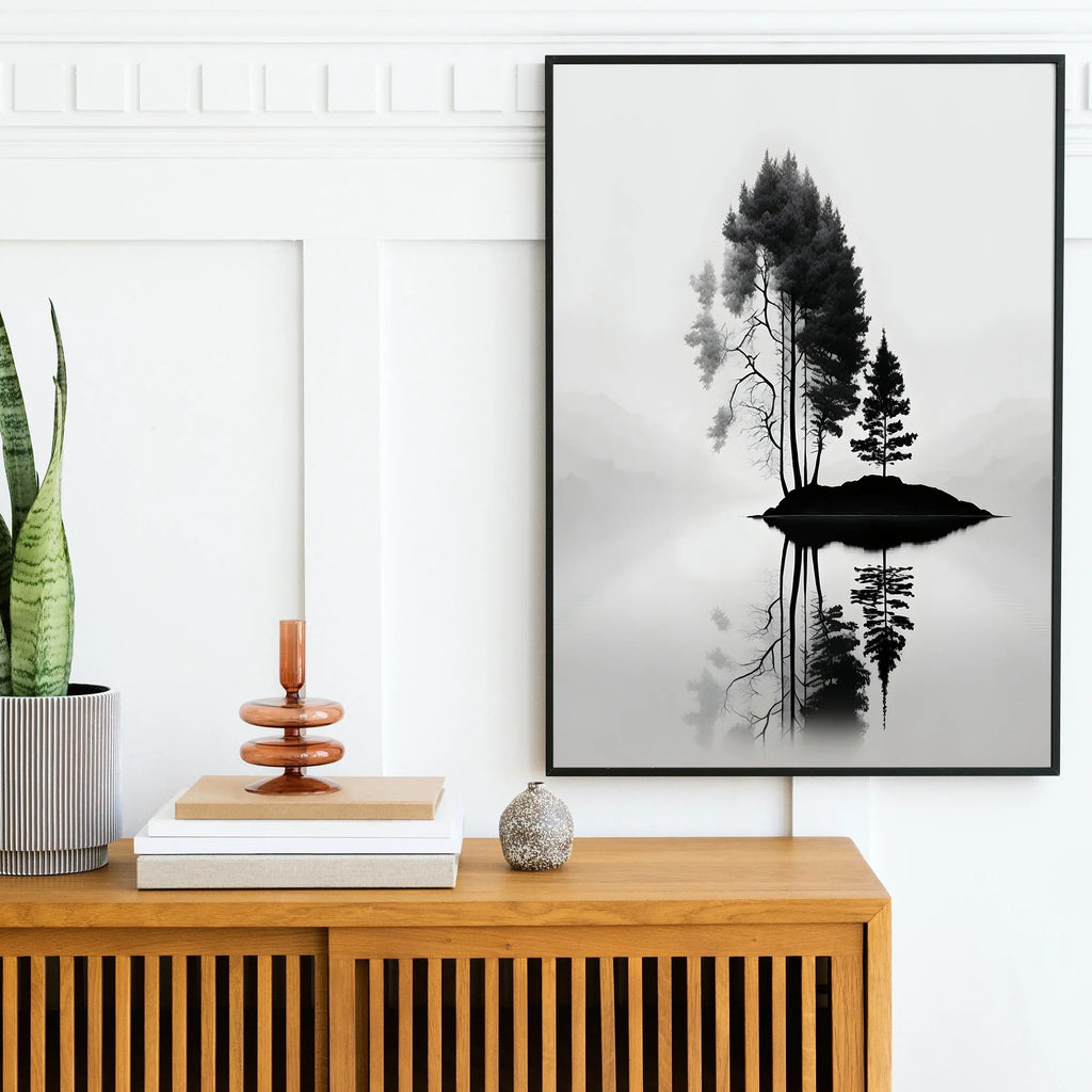 DecorBites™ Black and White Mountain Tree Landscape Wall Art