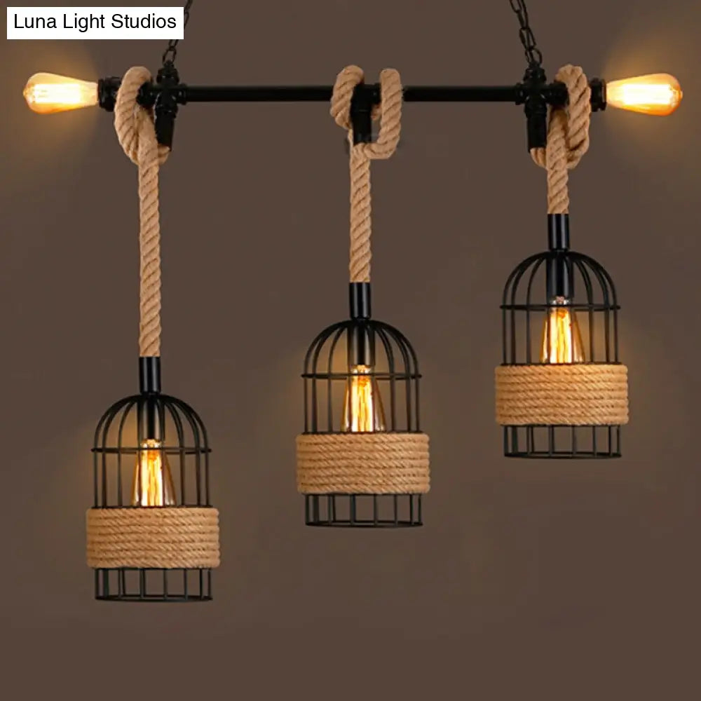 DecorBites™ Black Birdcage Island Pendant Light with Jute Rope Cord - 5 Bulbs, Factory Metal Design