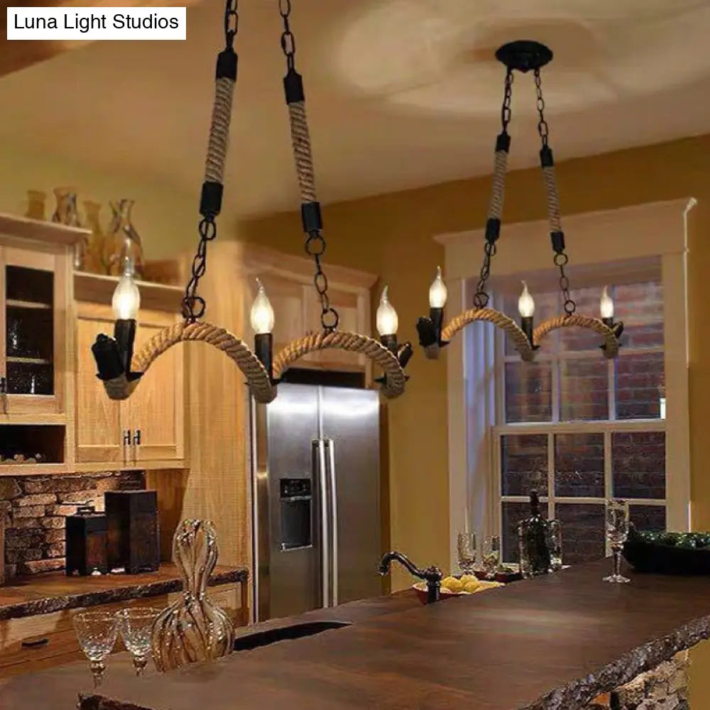 DecorBites™ Black Candle Design Pendant Lighting Fixture - Rope Twisting Island Light, 3 Bulbs - Restaurant-Worthy