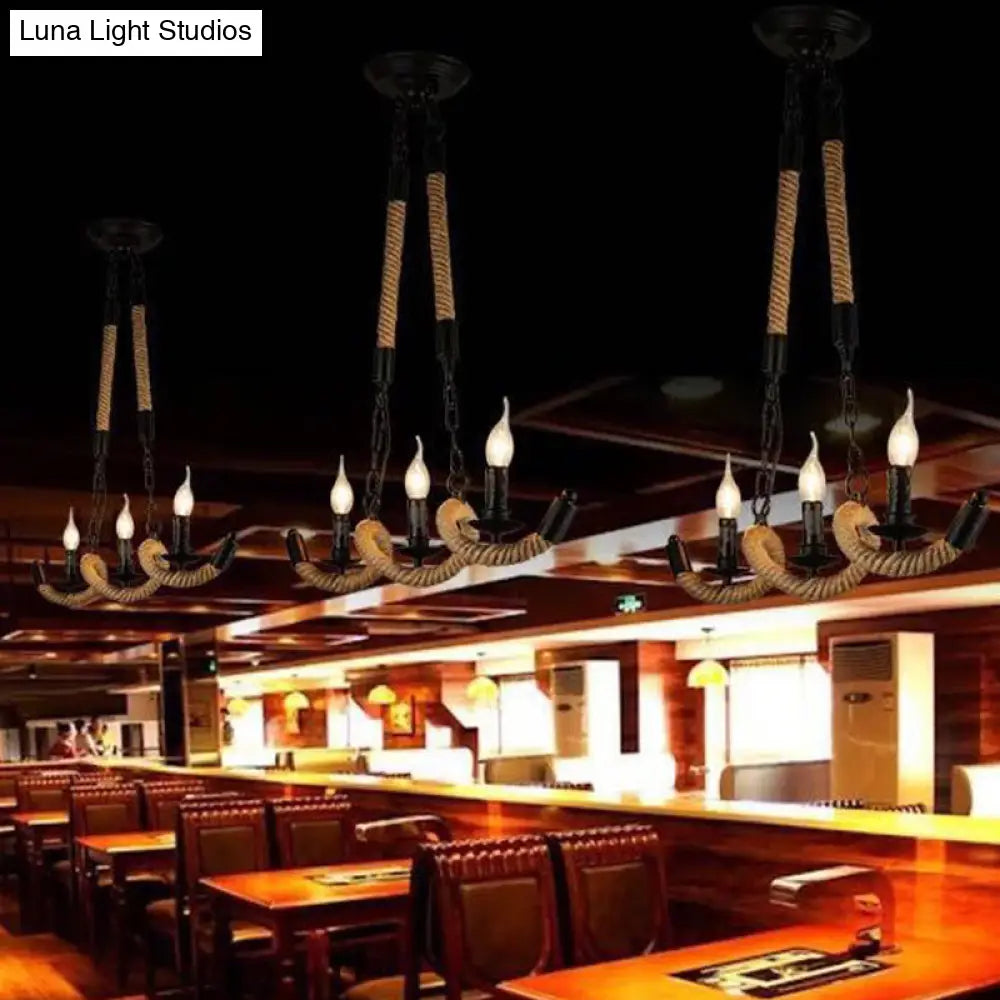 DecorBites™ Black Candle Design Pendant Lighting Fixture - Rope Twisting Island Light, 3 Bulbs - Restaurant-Worthy