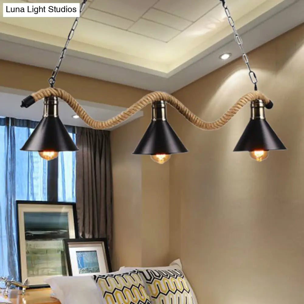 DecorBites™ Black Metal & Rope Pendant Light - Farmhouse Style with Wavy Conic Design, 3/5 Bulbs