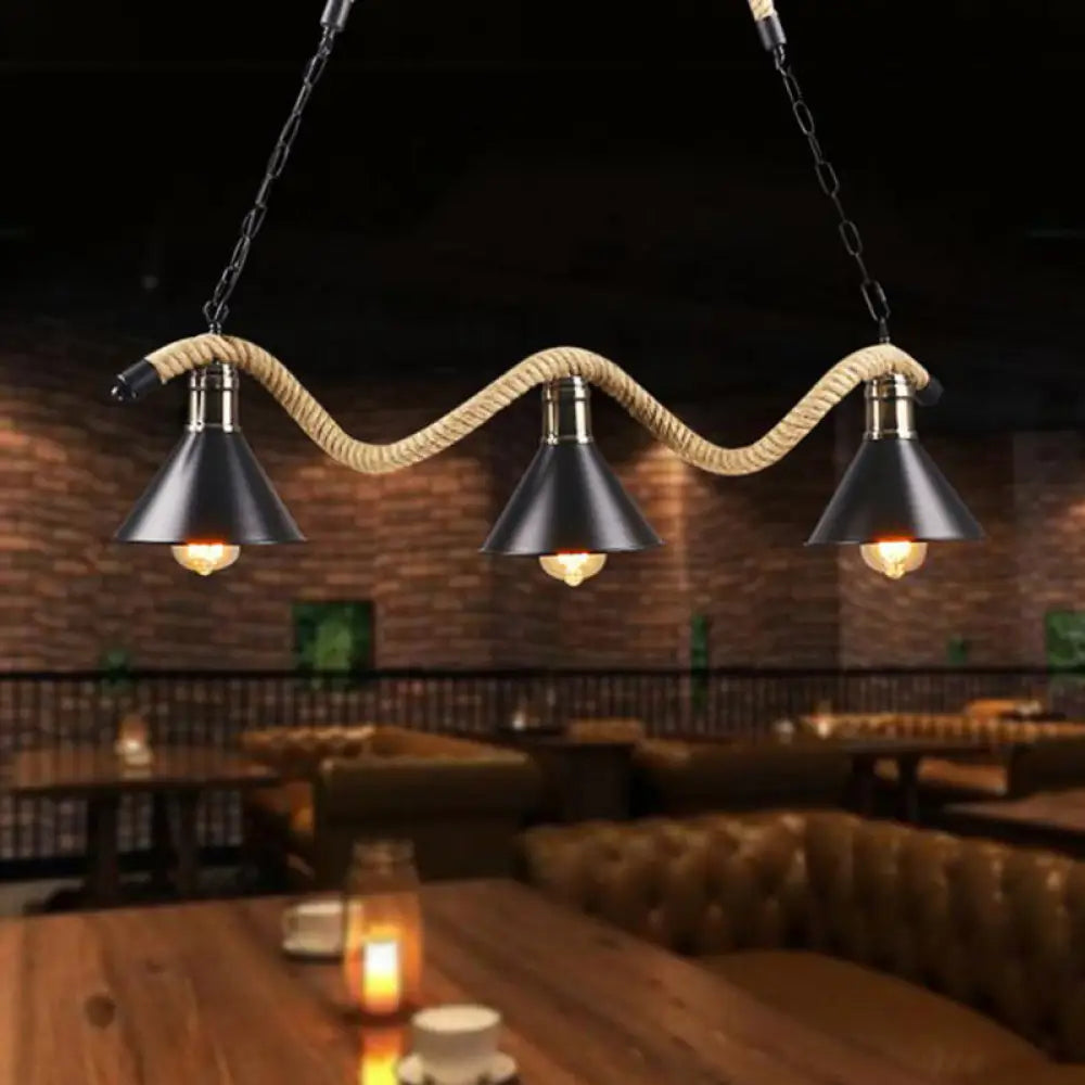 DecorBites™ Black Metal & Rope Pendant Light - Farmhouse Style with Wavy Conic Design, 3/5 Bulbs