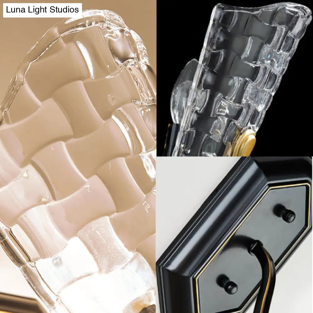 DecorBites™ Black Modernist Wall Sconce with Curved Metal Arm and Clear Crystal Panel