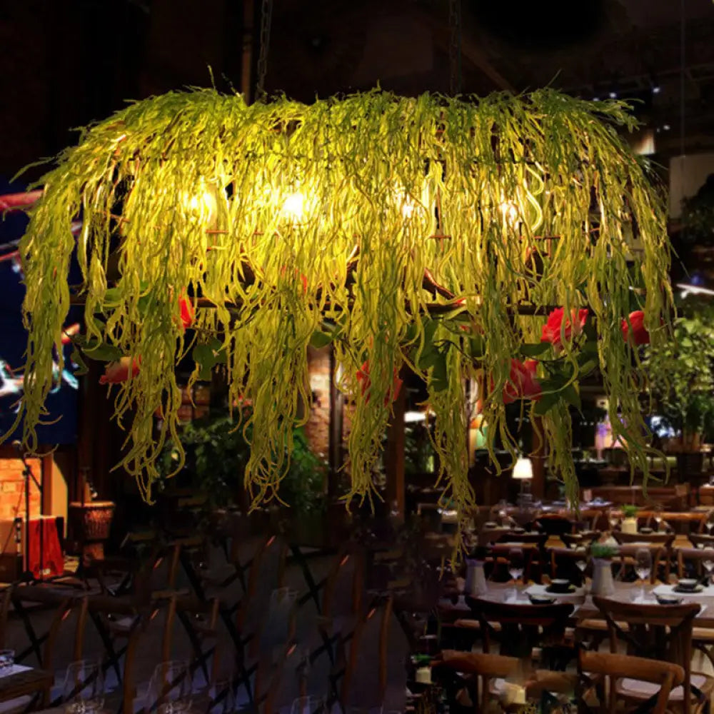 DecorBites™ Black Retro Metal Bird Cage Island Ceiling Light with Plant - Ideal for Restaurants - 4 Lights