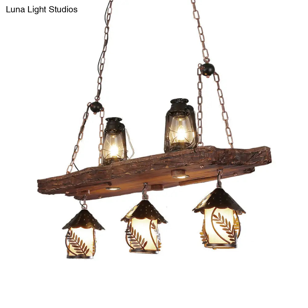 DecorBites™ Black Wood Lantern Island Ceiling Light with 5 Lights, Clear Glass Shade - Ideal for Restaurants and Warehouses