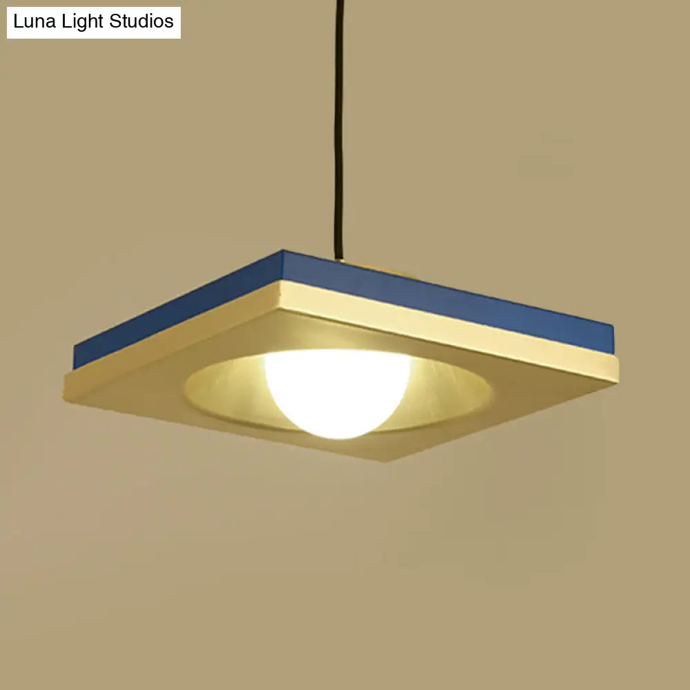 DecorBites™ Blue and Gold Modernist Drop Pendant Ceiling Fixture with Metal Concave Squares and 1 Bulb for Bedrooms