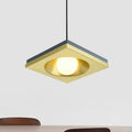 DecorBites™ Blue and Gold Modernist Drop Pendant Ceiling Fixture with Metal Concave Squares and 1 Bulb for Bedrooms