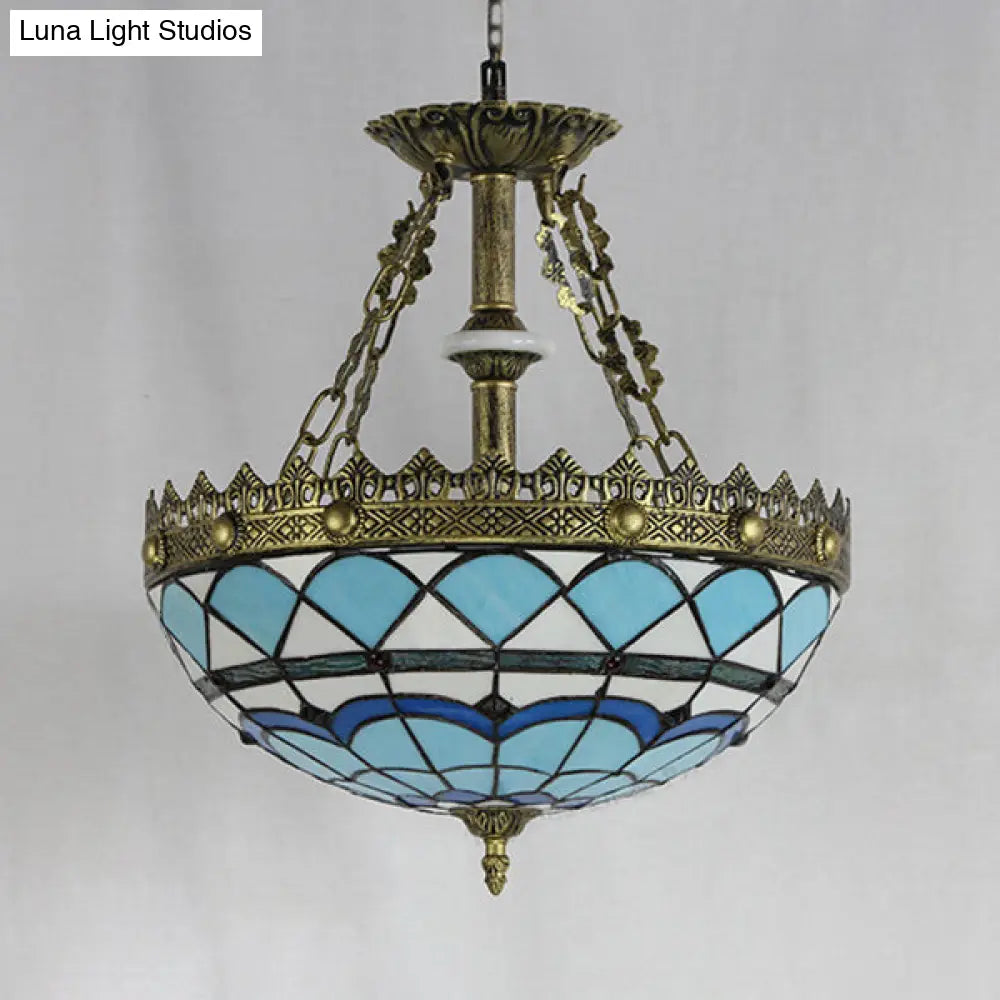 DecorBites™ Blue Baroque Bowl Stained Glass Pendant Light - 3-Bulb Hanging Indoor Light for Libraries