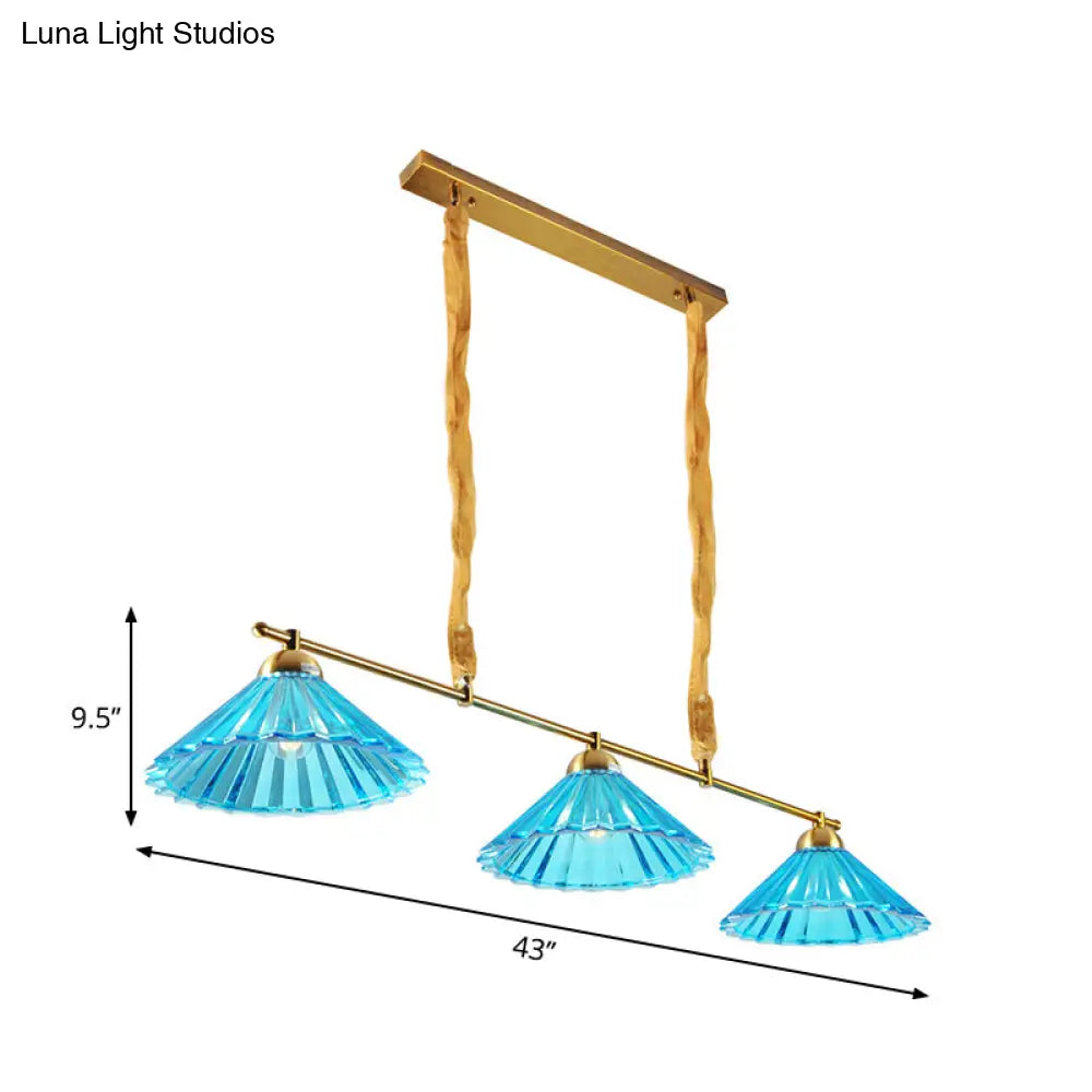 DecorBites™ Blue Ribbed Glass Cone Pendant Light - Traditional Dining Room Lamp with 3 Lights