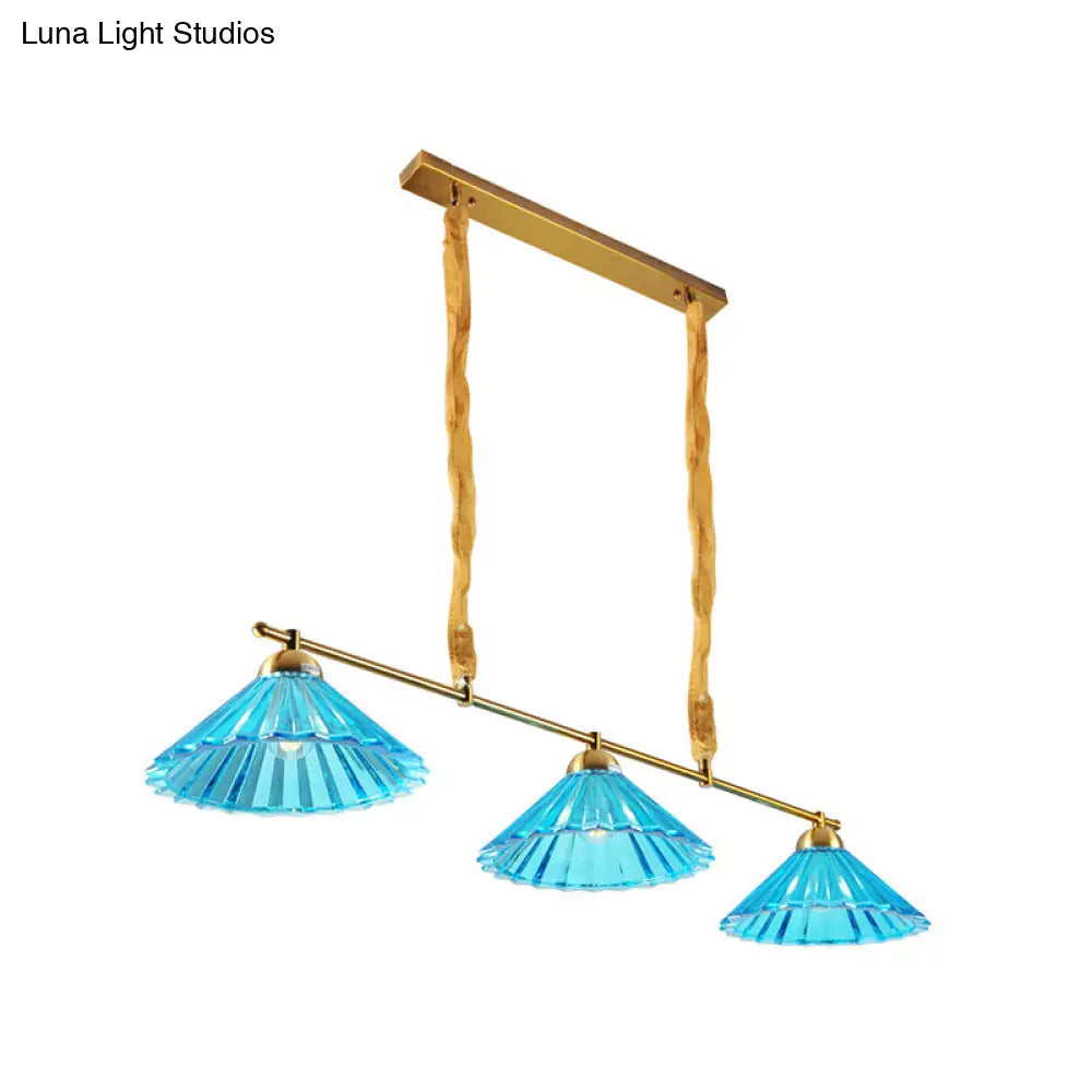 DecorBites™ Blue Ribbed Glass Cone Pendant Light - Traditional Dining Room Lamp with 3 Lights