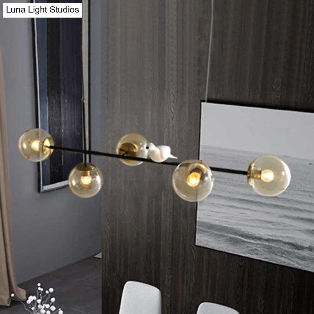 DecorBites™ Brass Sphere Ceiling Light with Adjustable Cord - Industrial 5-Light Island Pendant, Amber/Milky White/Smoke Grey Glass Shades
