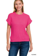 Round Neck Banded Botton Short Sleeve Sweater