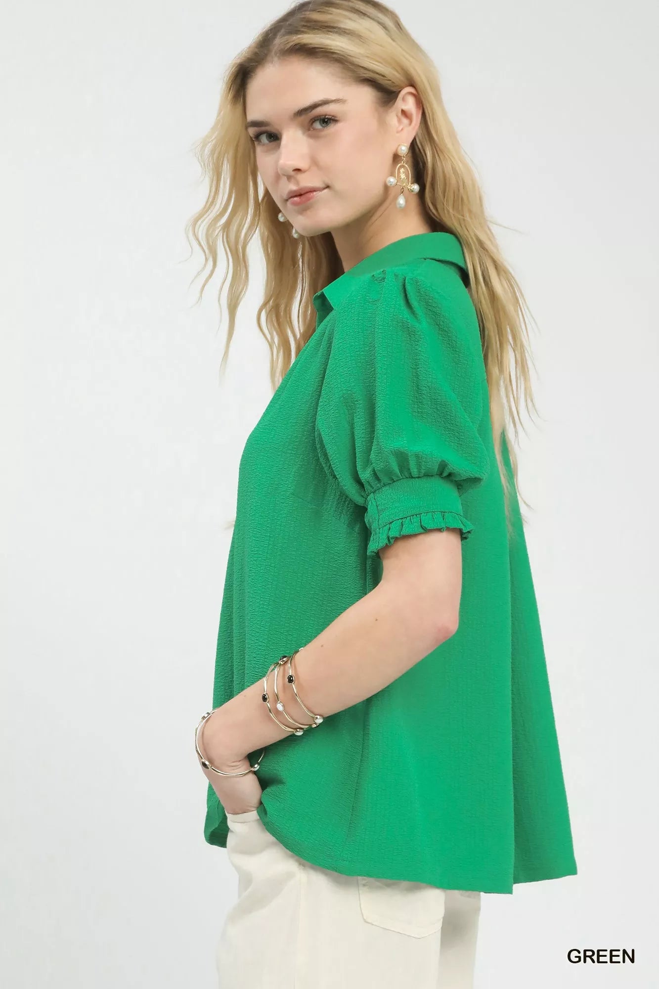 Seersucker Puff Sleeve Blouse