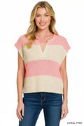 Split Neck Sleeveless Stripe Sweater