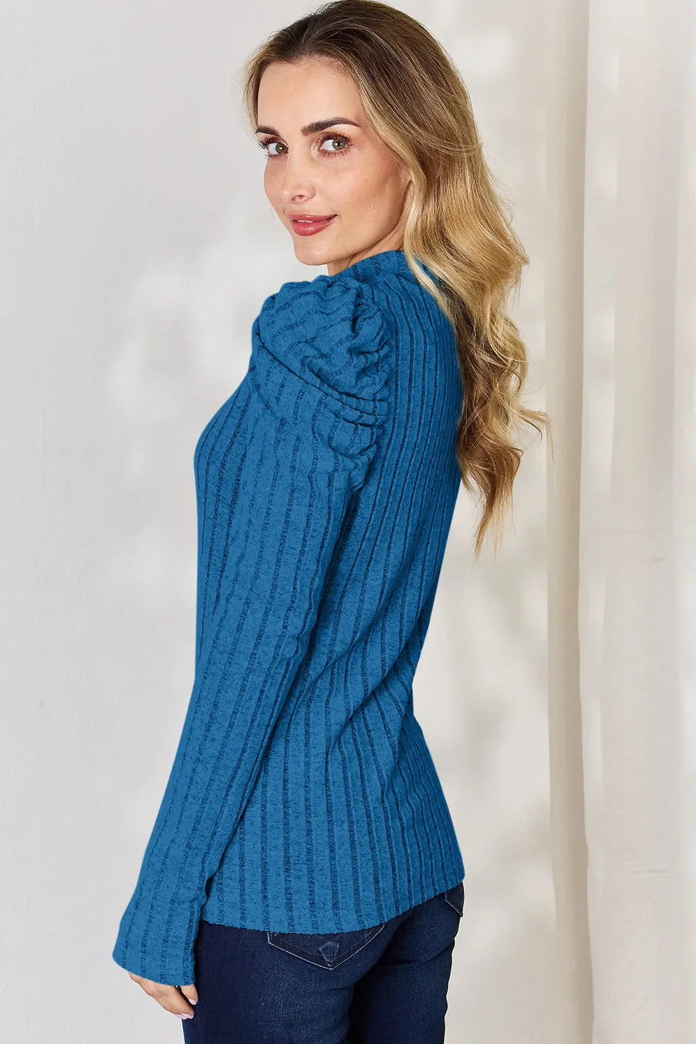 I am a Fashion junky Full Size Ribbed Mock Neck Puff Sleeve T-Shirt
