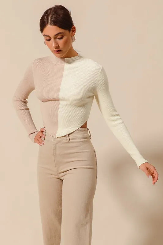 Color Block Fitted Crop Sweater Top