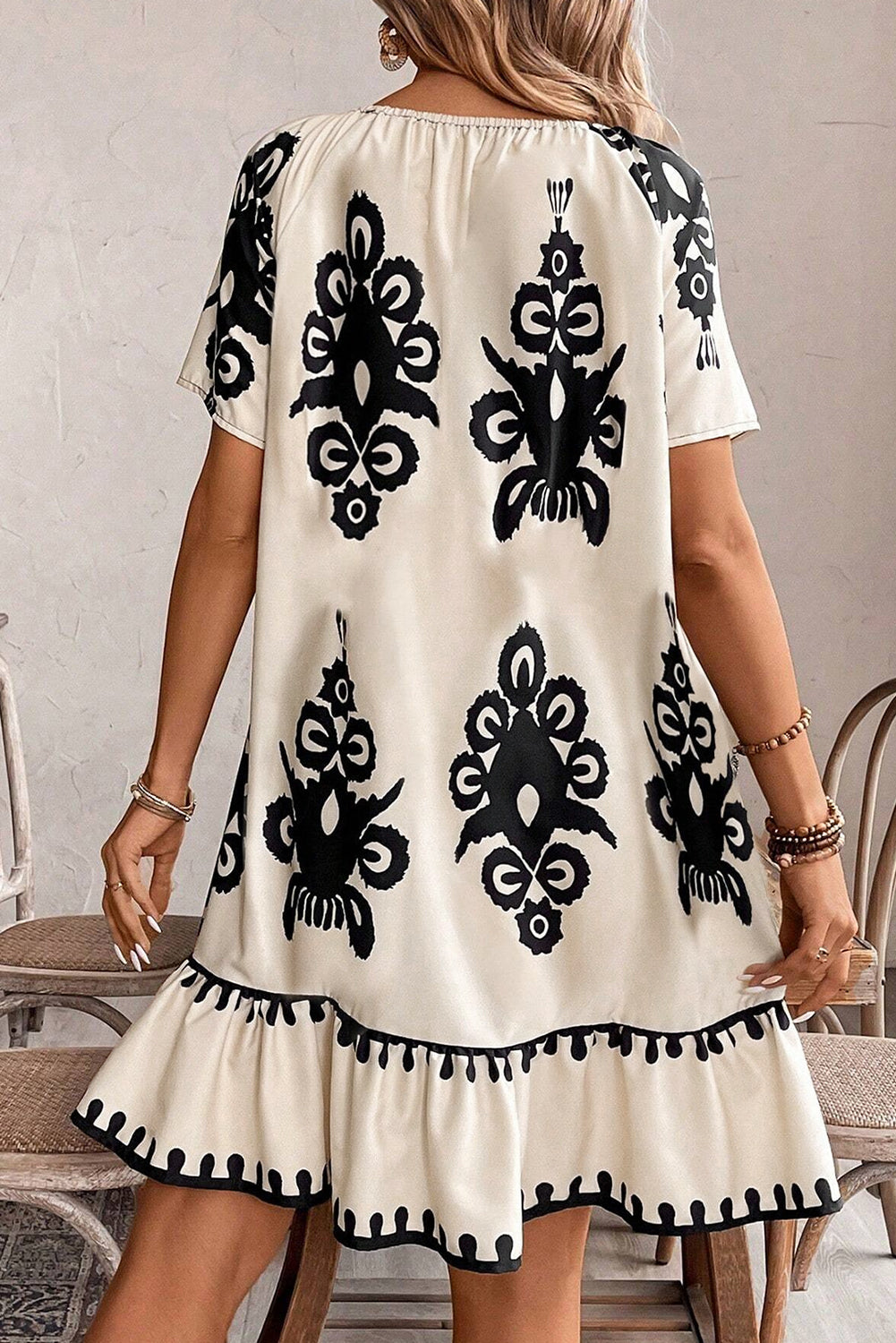 Print Ruffled Short Sleeve Loose Dress