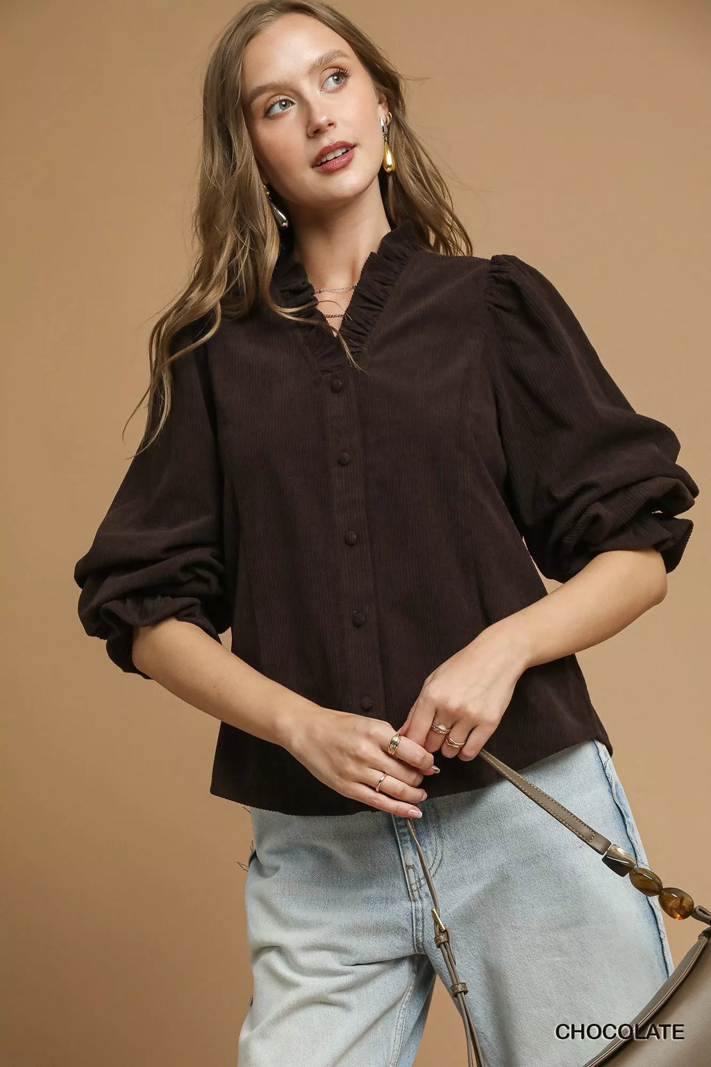 Corduroy Ruffle Shirt with Long Puff Sleeves