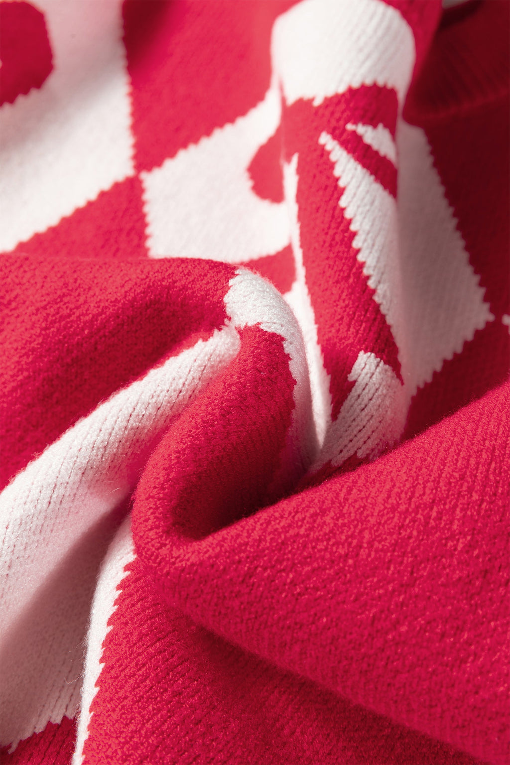 Red Bow Print 2-tone Rhombus Knit Loose Sweater
