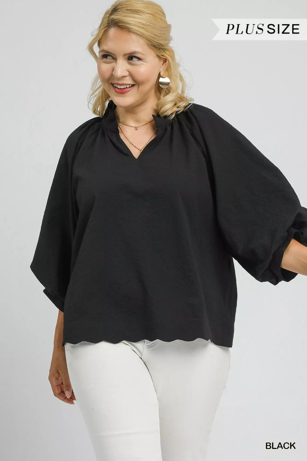 Full Size Textured Notched Balloon Sleeve Blouse Plus Size