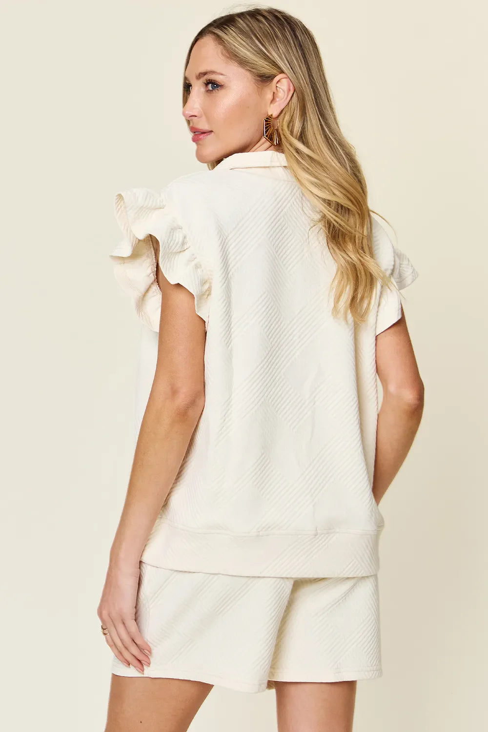 I am a Fashion Junky Full Size Texture Flounce Sleeve Top and Drawstring Shorts Set