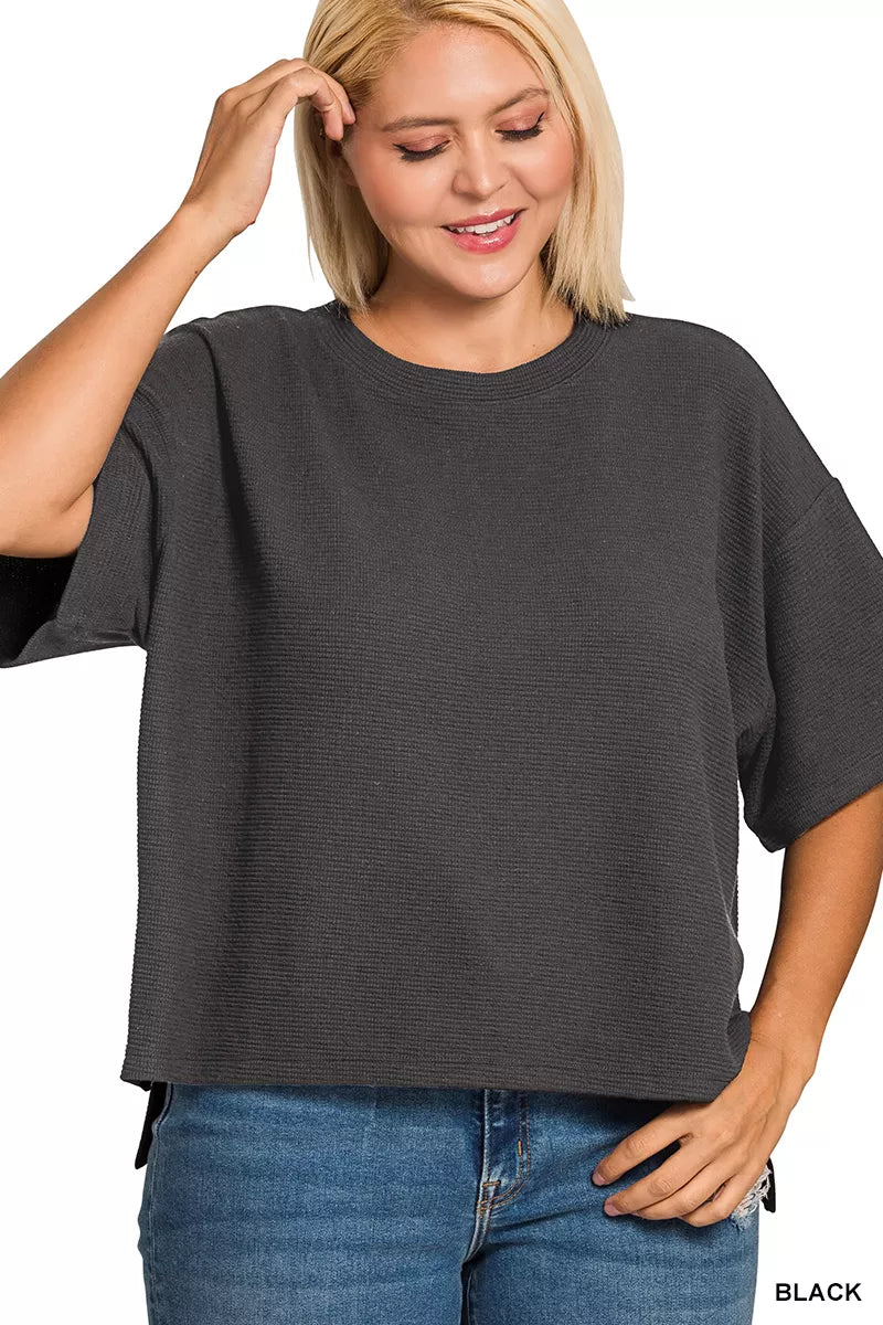 Full Size Double Knit Side Slits Hi Low Short Sleeve Top Plus Size