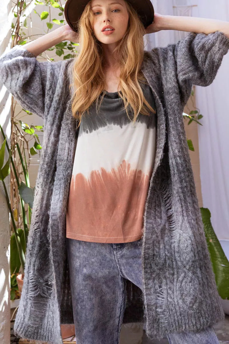 Distressed Cable-Knit Ombre Dying Cardigan