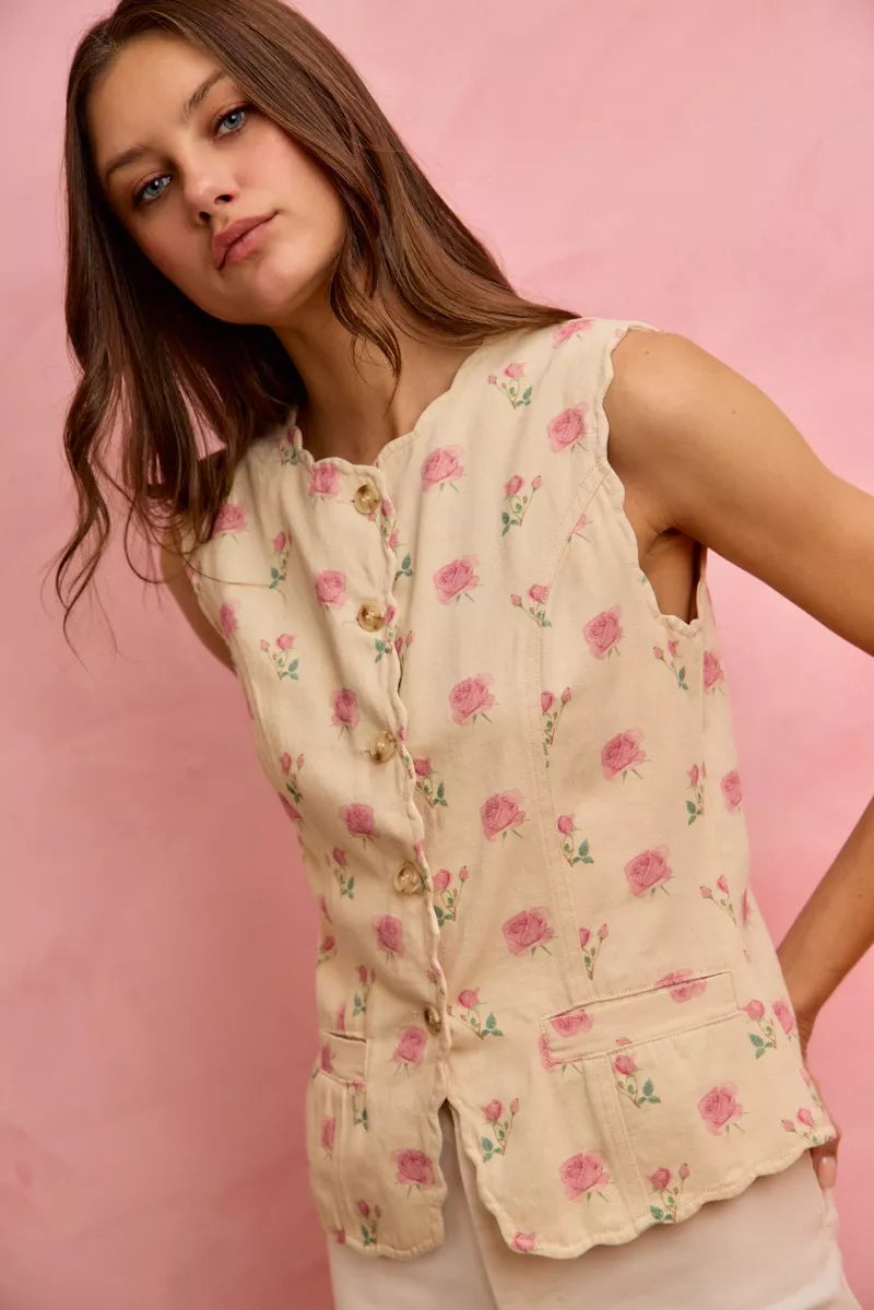 Floral Rose Cotton Twill Scallop Button Vest Top