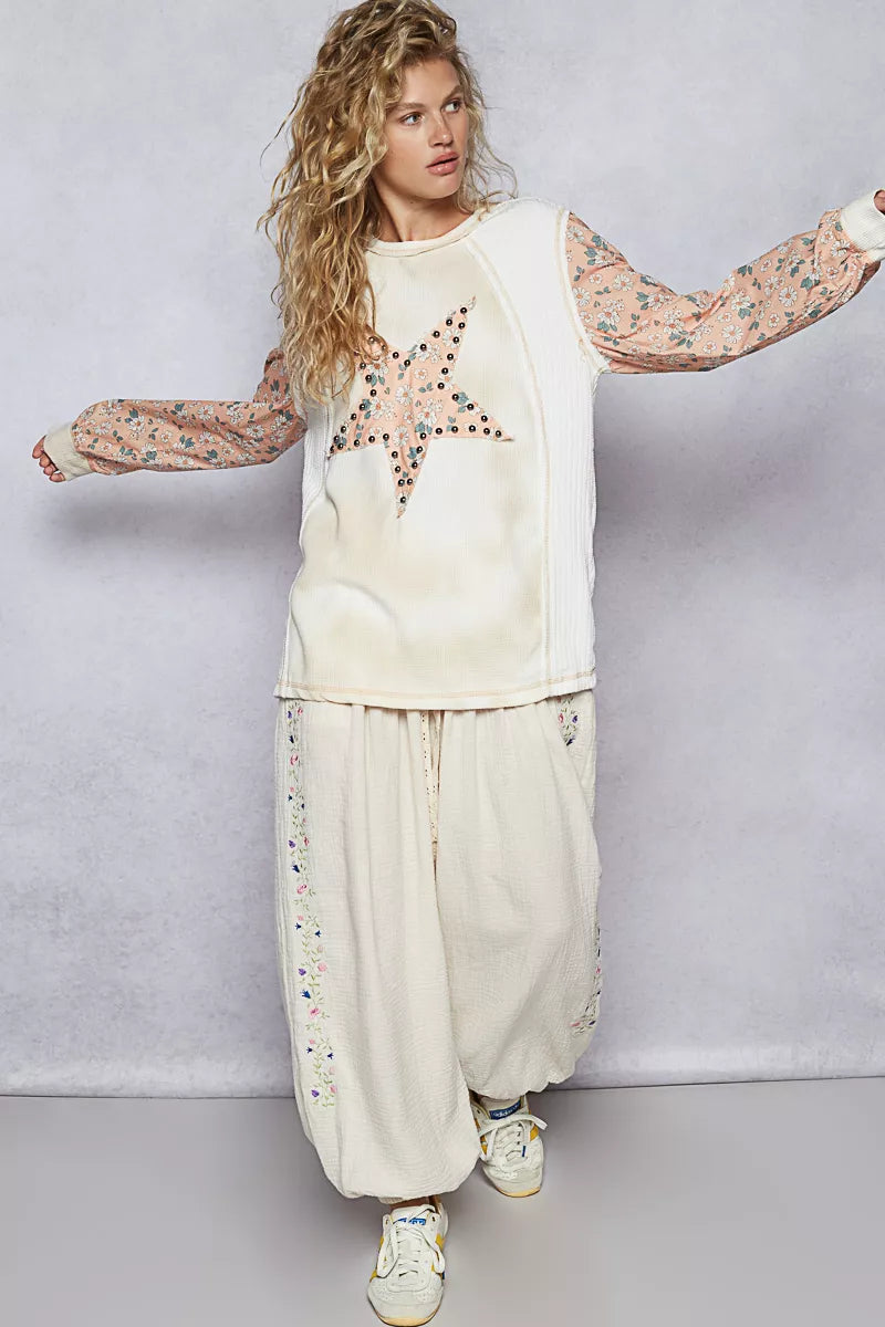 Exposed Seam Star Patch Thermal Top with Floral Sleeves