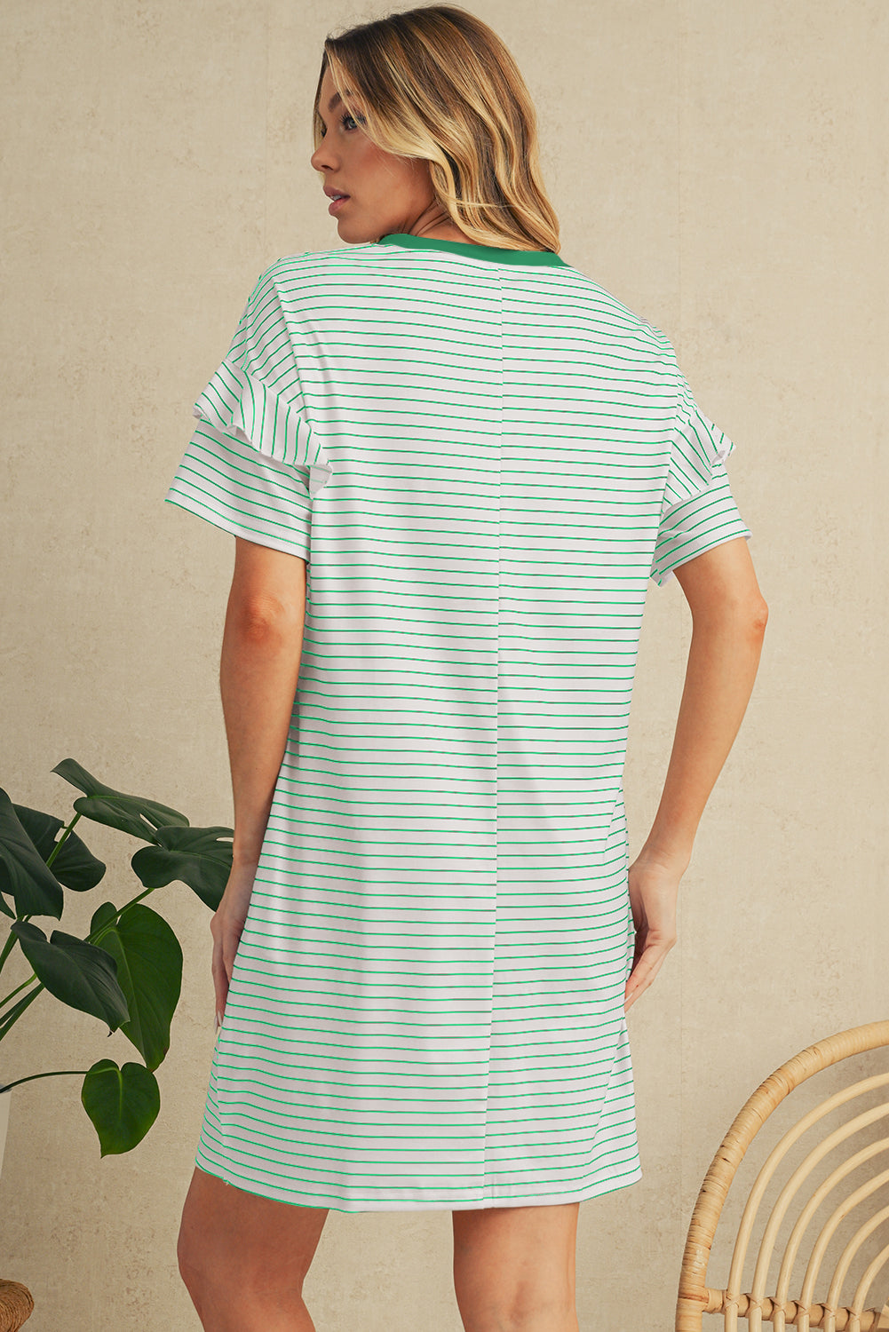 White Stripe Ruffle Short Sleeve T Shirt Mini Dress
