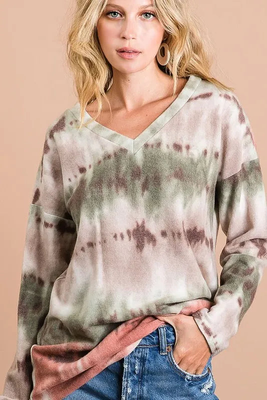 Brushed Tie Dye Looking Print V Neck Top