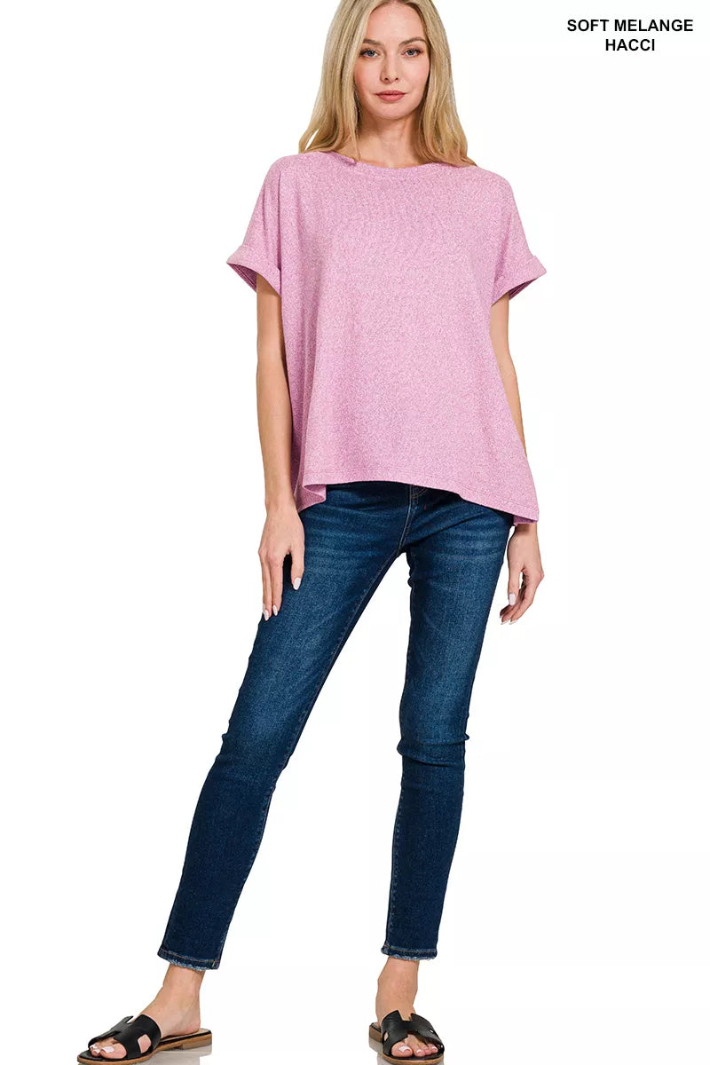 Soft Melange Hacci Short Sleeve Round Neck Top