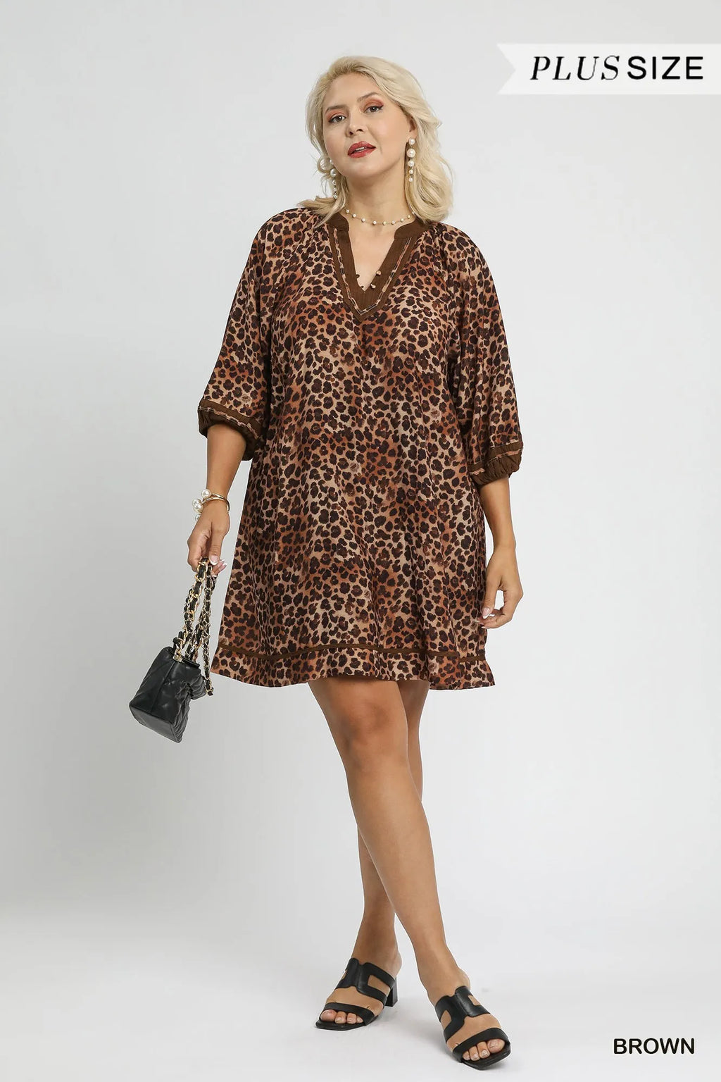 Full Size Leopard Print Mini Dress with Contrast Trim Plus Size