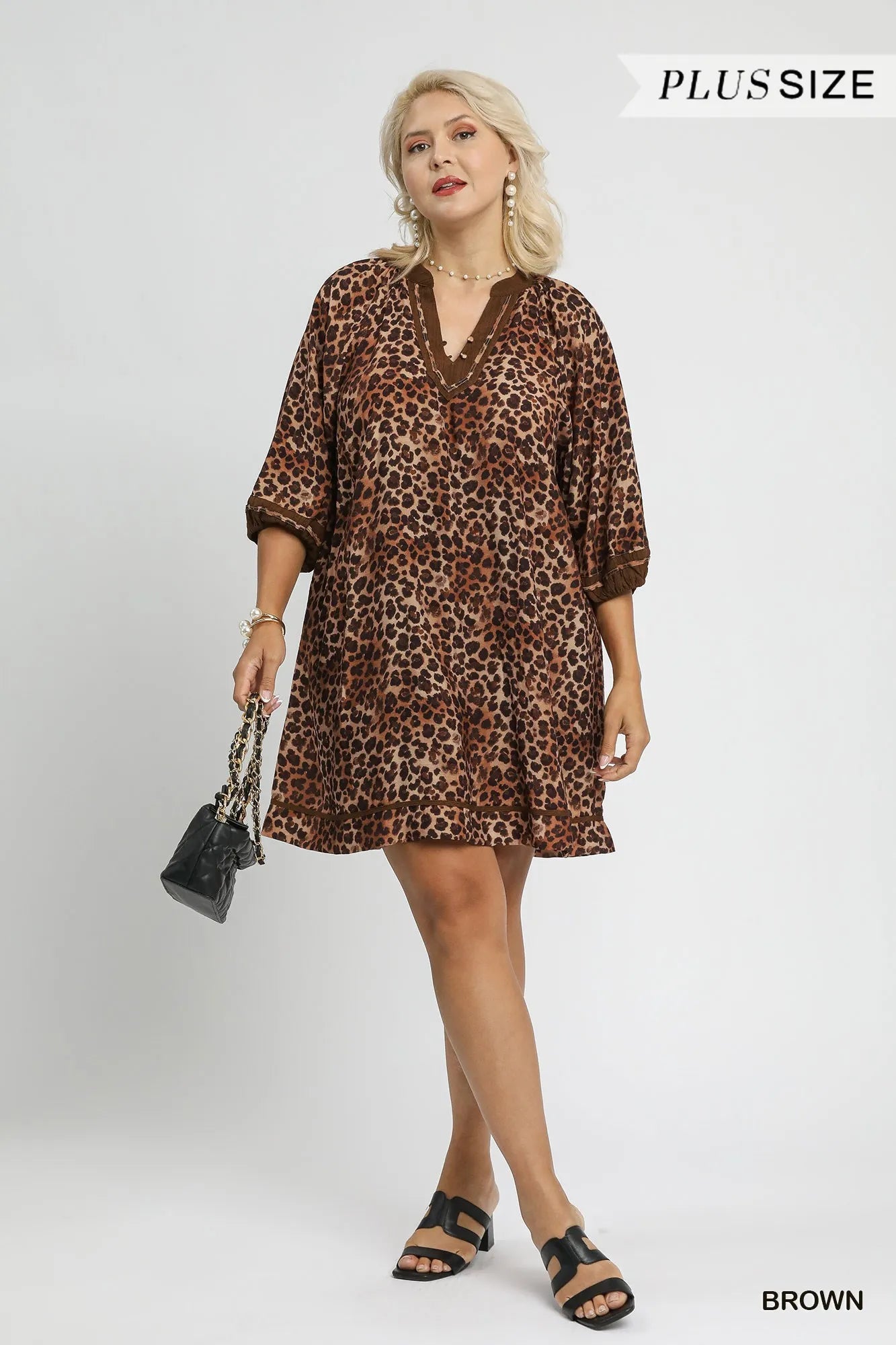 Full Size Leopard Print Mini Dress with Contrast Trim Plus Size