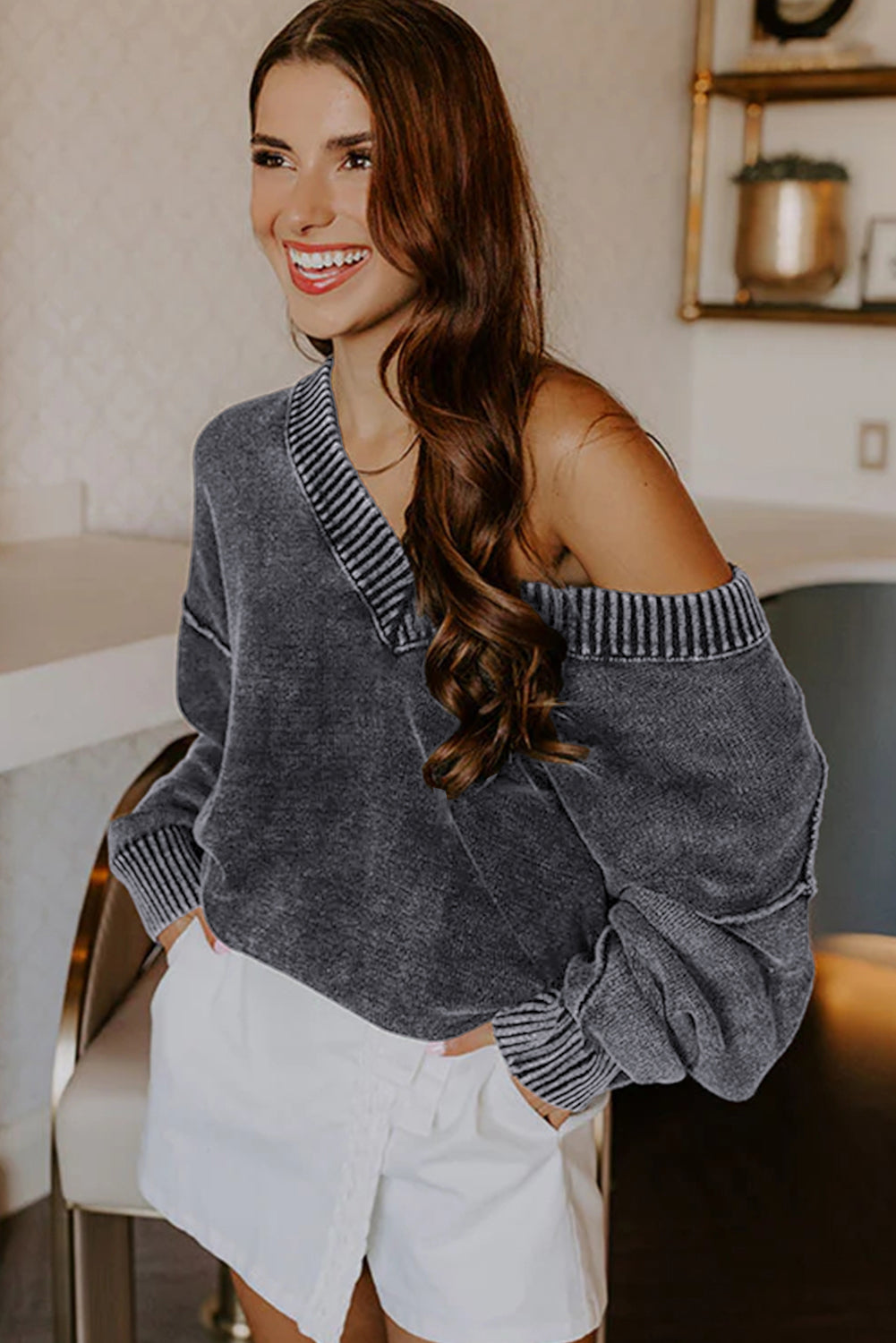 Black Mineral Wash V Neck Knit Exposed Seam Drop Shoulder Loose Sweater