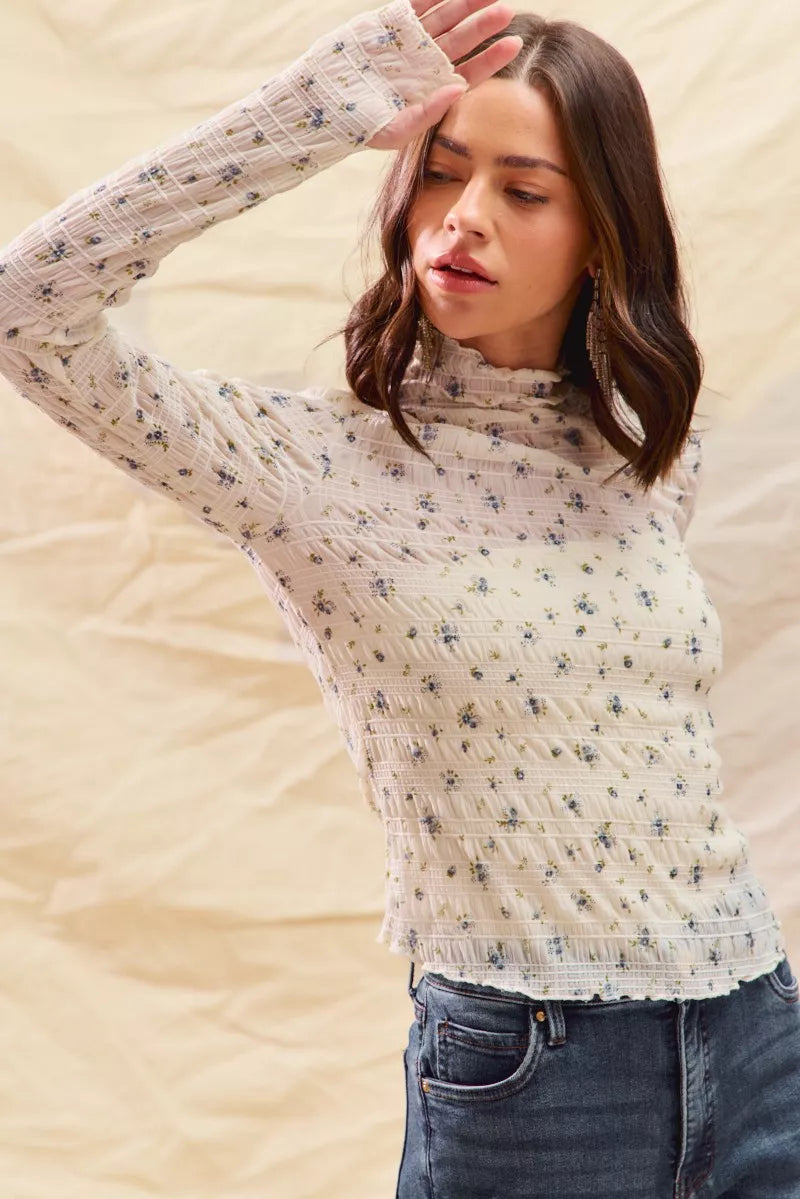 Floral Print Textured Long Sleeve Knit Top