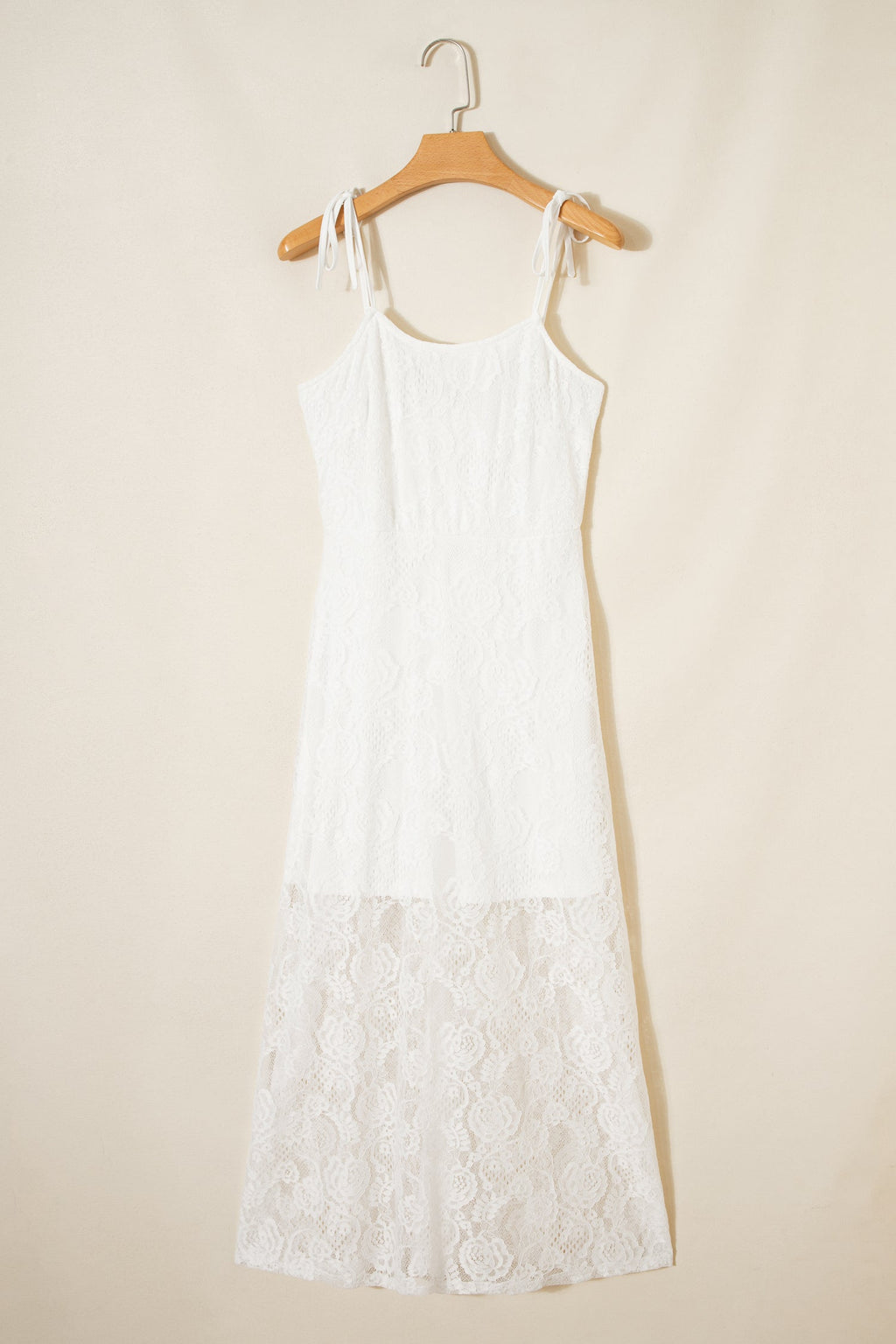 White Tie Spaghetti Straps Floral Lace Overlay Long Dress