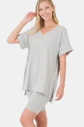 Full Size V-Neck Short Sleeve Slit T-Shirt and Shorts Set