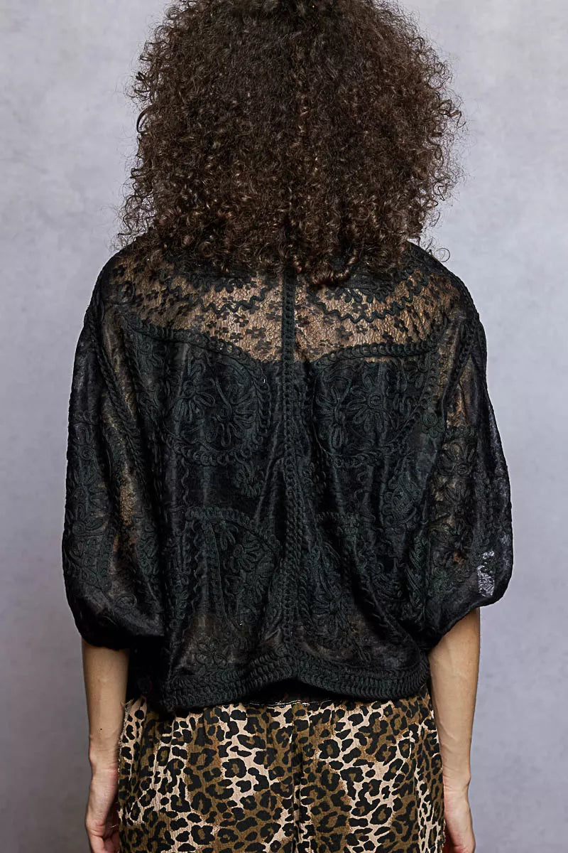 Open Front Crochet Cardigan with Floral Embroidery