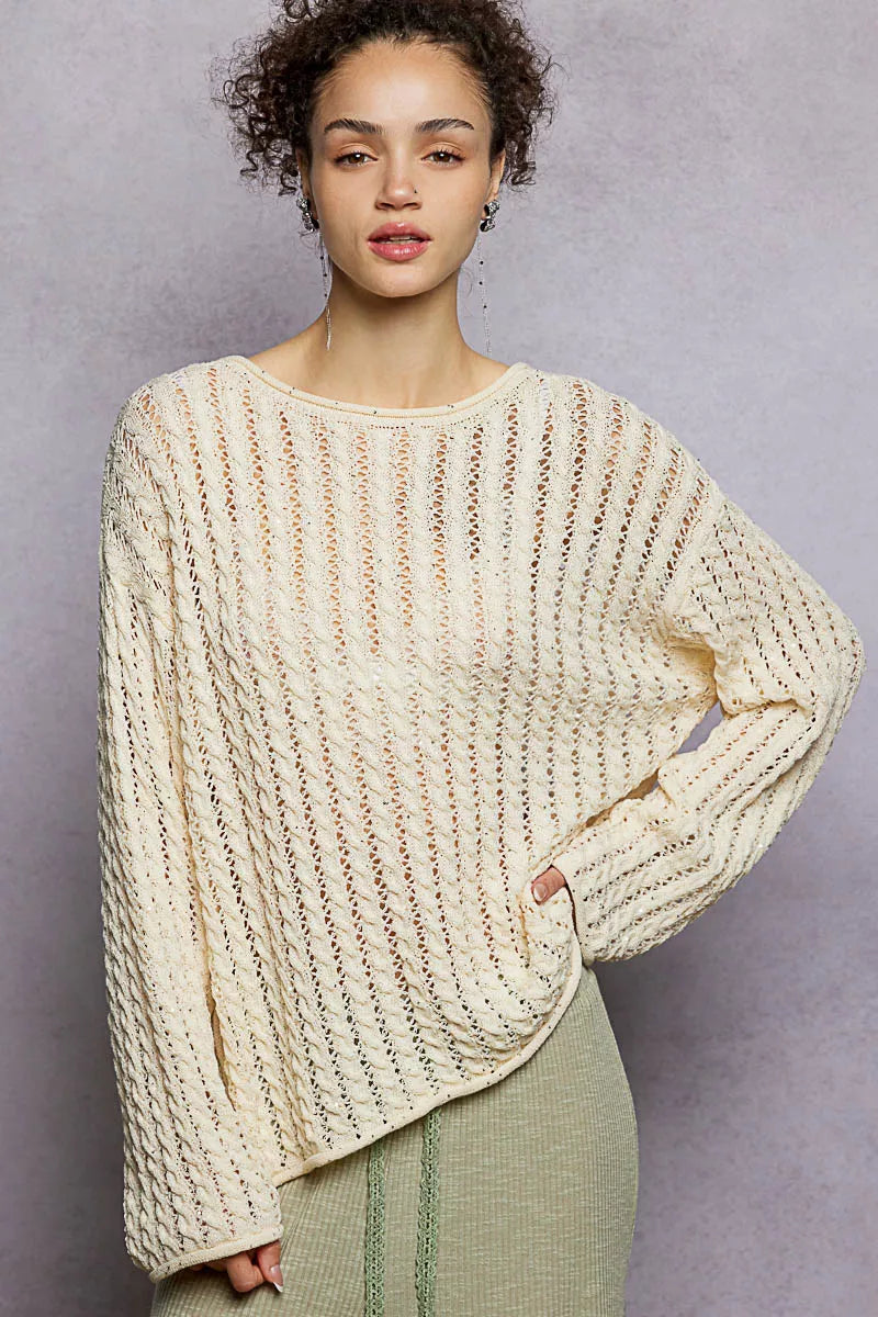 Openwork Round Neck Knit Top with Shiny Detail