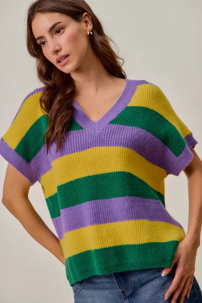 Mardi Gras Loose Fit V Neck Stripe Sweater Top